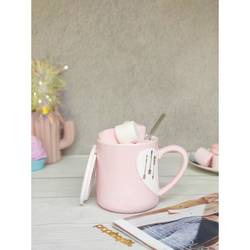 Coffee Mug With Lid And Spoon - Heart - Ceramic - Single Piece