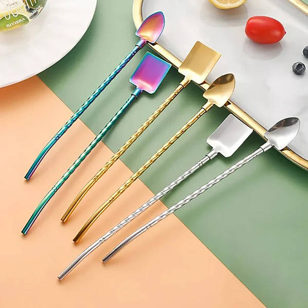2 in 1 Straw Spoon With Cleaning Brush - Stainless Steel - Assorted - Set Of 4