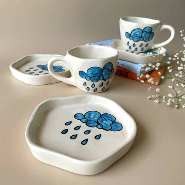 Ceramic Cup And Saucer - Rain Print - Assorted - Single Piece