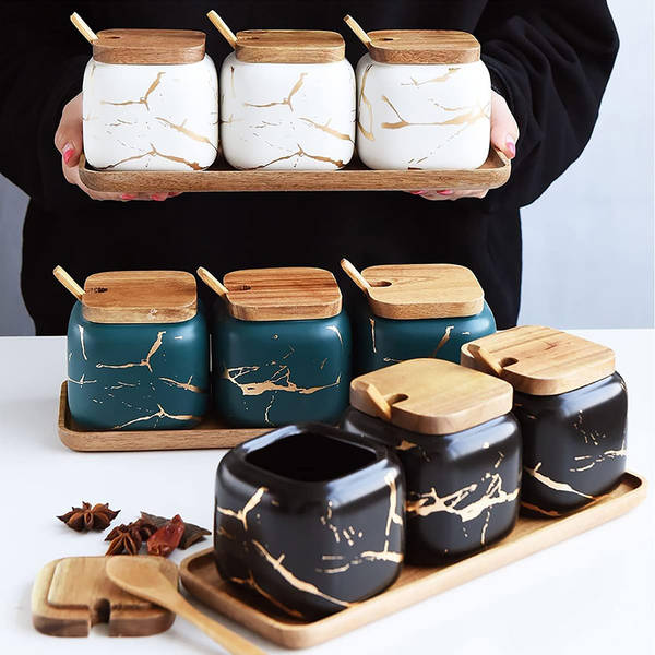 Ceramic Spice Jar With Tray - Assorted - Set Of 3