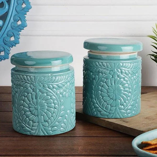 Ceramic Textured Jar - 1L - Single Piece - Green