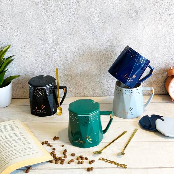 Coffee Mug With Lid And Spoon - Love -  Gold Foil - Single Piece