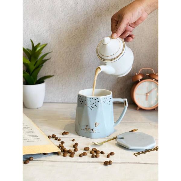 Coffee Mug With Lid And Spoon - Love -  Gold Foil - Single Piece
