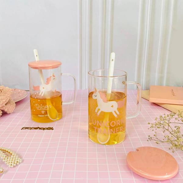 Coffee Mug With Lid And Spoon - Transparent - Unicorn - Pink - Single Piece