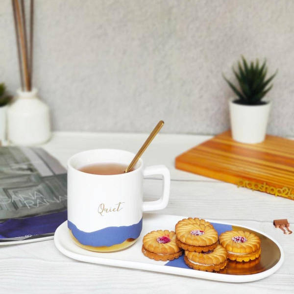 Coffee Mug With Tray And Spoon - Quiet - Ceramic - Single Piece
