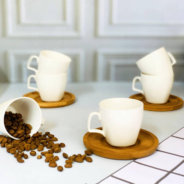 Cup And Saucer - Ceramic And Wood - Set Of 6
