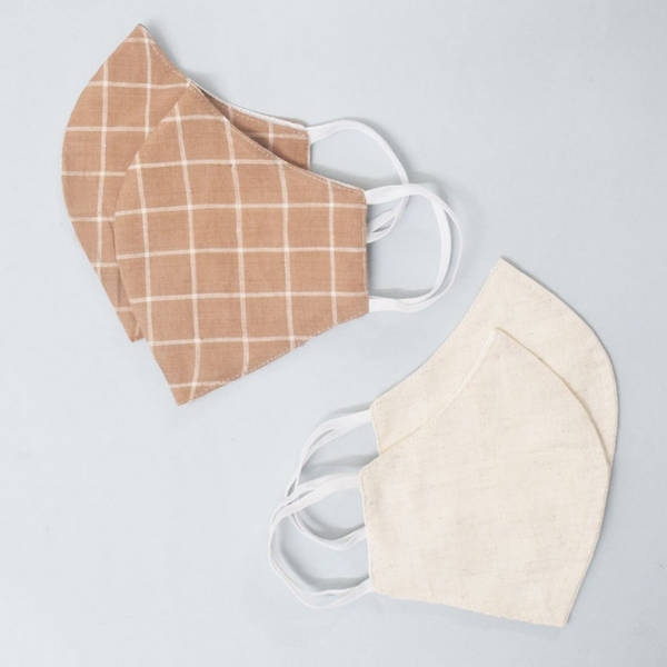Face Mask - Ivory And Brown Checks - Set Of 4
