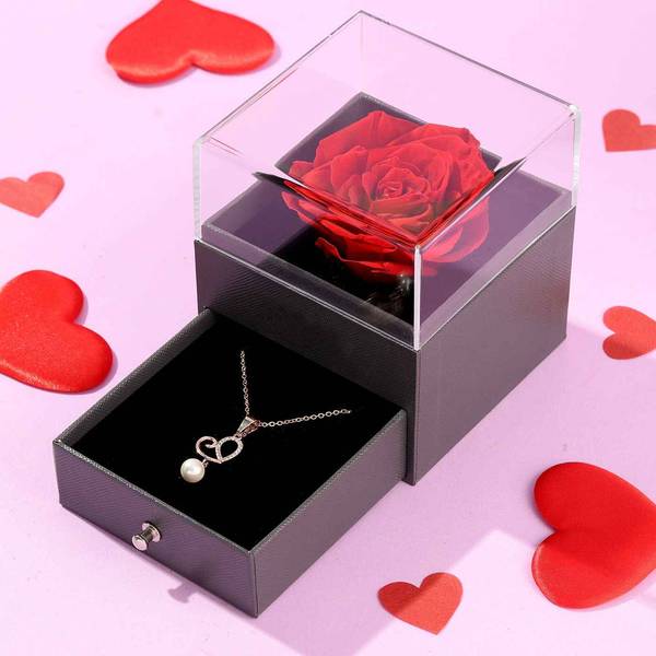 Gift Box - Pearl Necklace With Rose - Forever Love
