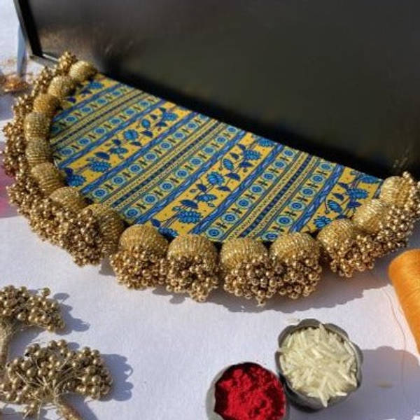 Glass Beaded Arc Rangoli - Maroon Navratna Patola And Congruous Divine Pichwai - Single Piece