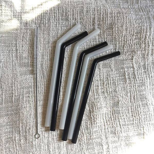 Glass Straw - Black And White - Set Of 6