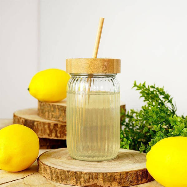 Glass Tumbler With Wooden Lid And Straw - Assorted - Single Piece
