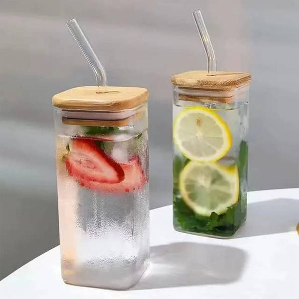 Glass With Straw And Bamboo Lid - Assorted - Single Piece