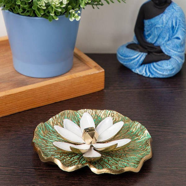 Incense Holder - Lotus On Gold And Green Leaf - Brass With White Enamel - Single Piece