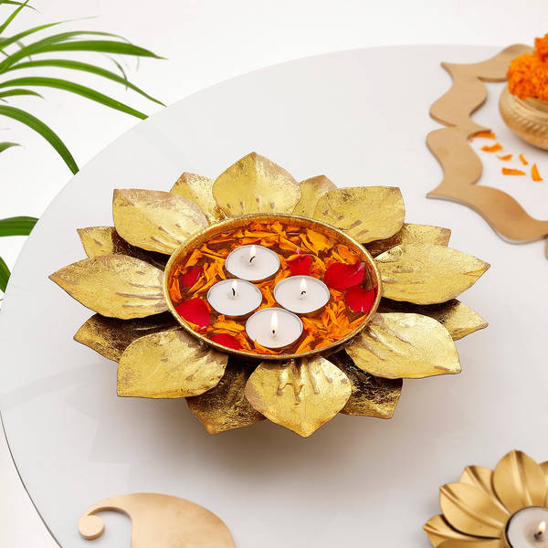 Lotus Glow Metal Urli With Tea Light Candles