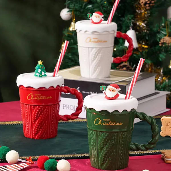 Merry Christmas Mug With Straw - Assorted - Single Piece