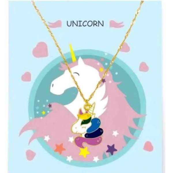 Necklace - Colourful Unicorn Pendant With Printed Gift Card - Blue And Pink