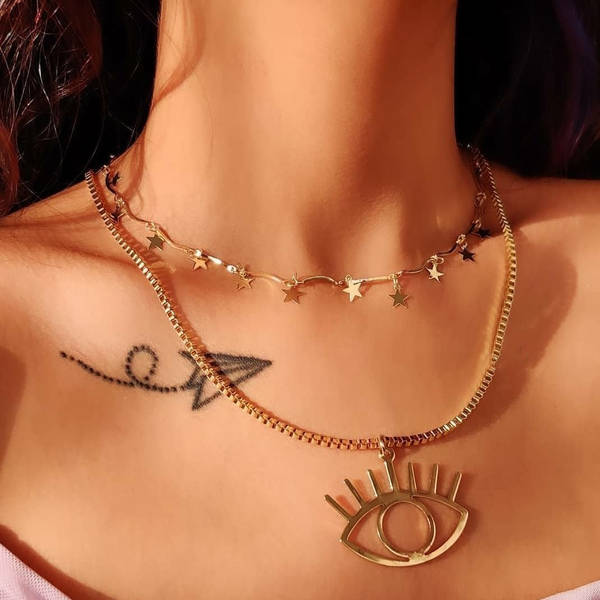 Necklace - Evil Eye And Stars - Gold - Single Piece
