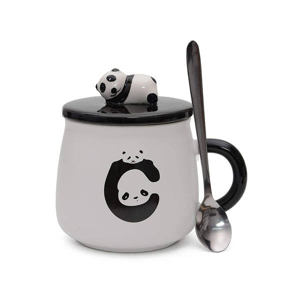 Panda Coffee Mug With Lid And Spoon - White And Black