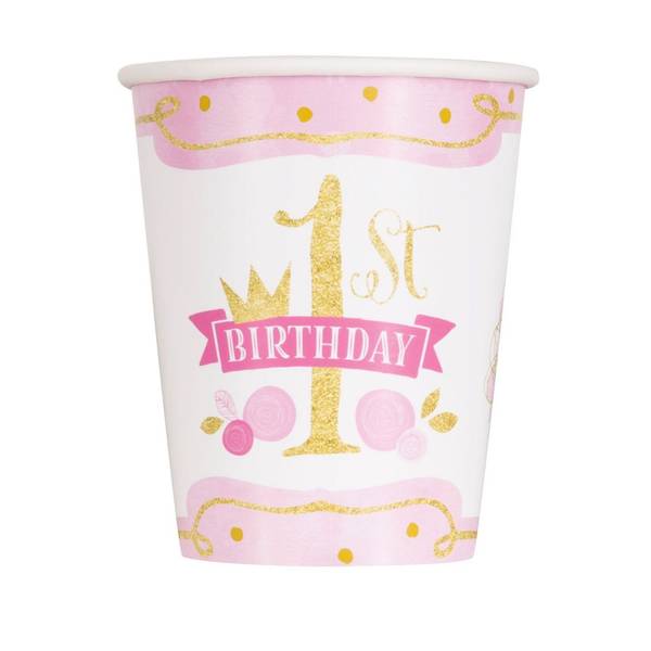 Paper Cups - First Birthday - Pink And Gold - Set Of 8