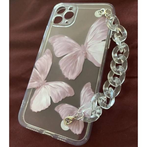 Phone Case With Wrist Strap Chain - Butterfly - Transparent - Single Piece