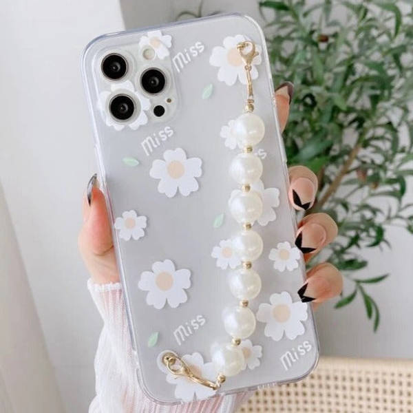 Phone case With Wrist Strap Chain - Daisy - Pearls - Single Piece