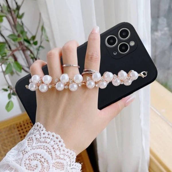 Phone case With Wrist Strap Chain - Solid Black - Faux Pearls - Single Piece