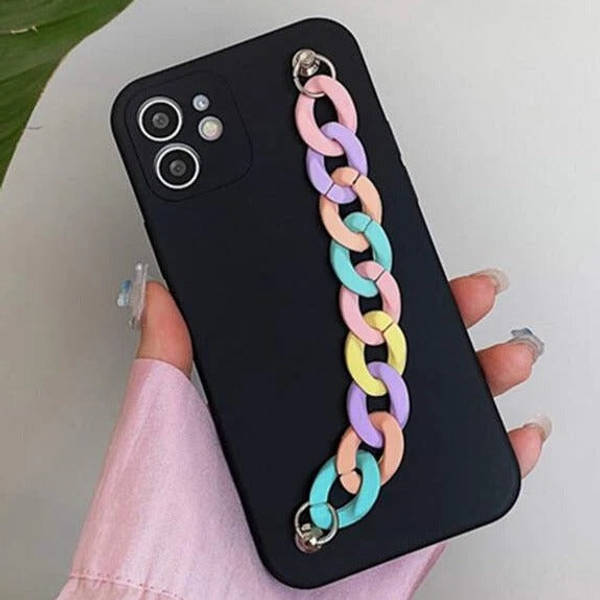 Phone Case With Wrist Strap Chain - Solid Black - Single Piece