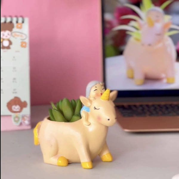 Planter - Baby On Unicorn - Resin - Single Piece