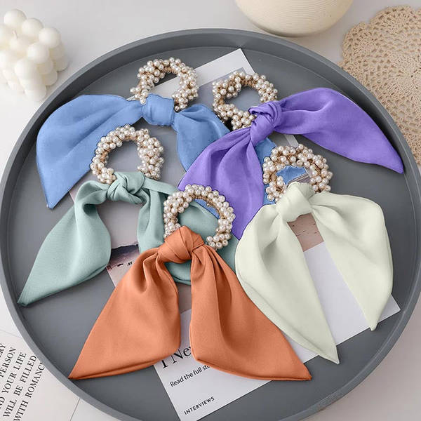 Scrunchie With Scarf - Pearl - Set Of 2