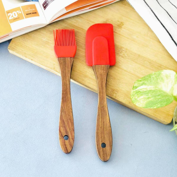 Silicone Spatula And Oil Brush Set - Wooden Handle