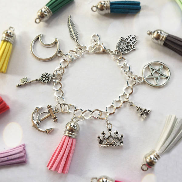 Silver Charms Bracelet With Baby Pink Tassles