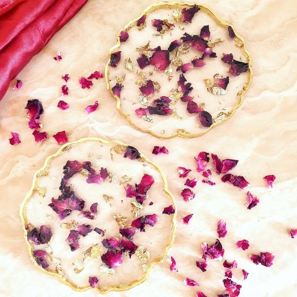 Small Round Geode Coaster - Rose Flakes - Set Of 2