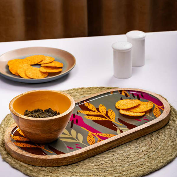 Wooden Platter With Bowl - Forest Leaves - Grey - Single Piece